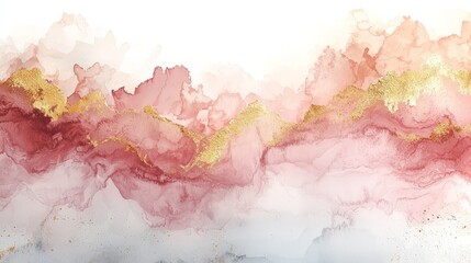 Abstract watercolor design featuring soft pinks, whites, and gold accents.