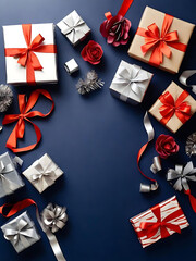 Festive Gift Box Arrangement with Red, Blue, and Silver Accents for New Year