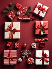 Elegant Red and Gold Holiday Gift Box Arrangement with Festive Wrapping and Ribbons