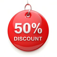 round red price tag with 50% off on white background 