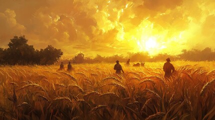 Morning sun rising over the fields, illuminating the crops and workers with a golden glow