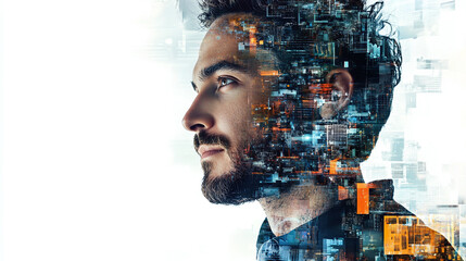 Portrait of a tech entrepreneur layered with images of innovation and ideas