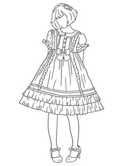 Classic black-and-white artwork depicting a young woman in vintage clothing. A nostalgic, retro-style illustration, ideal for historical, fashion, or artistic themes.