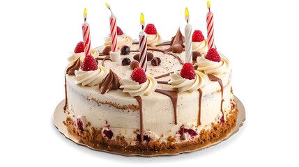 A beautiful cake decorated with candles, fruits, and swirls, perfect for celebrations.