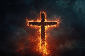 Fototapeta premium Flaming cross against a dark sky