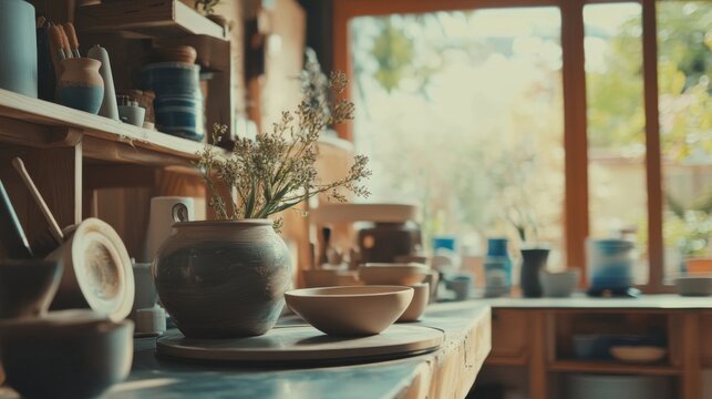 A serene pottery session in a cozy studio, Clay and pottery wheels set for artistic creation, Artisanal craft style