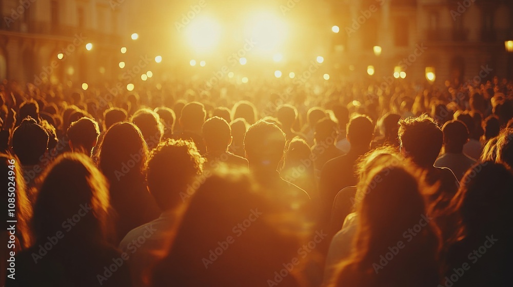 Wall mural Crowd of Enthusiastic People Enjoying a Live Music Concert with Bright Stage Lights in the Background During a Vibrant Evening Celebration