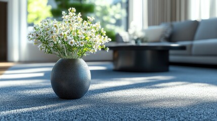 Living room decor includes a gray sofa, a table with white flowers in a vase, a black coffee table, and a gray area rug.