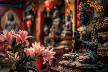 Greeting card with ancient statue great Buddha on holiday composition