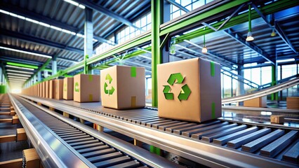 Fototapeta premium Double Exposure of Recycling Symbol-Printed Cardboard Boxes on Conveyor Belt in a Modern Automated Factory Environment for Sustainable Practices and Innovation