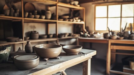 A serene pottery studio with pottery wheels and kilns, Clay and pottery tools neatly arranged, Artisanal ceramic style