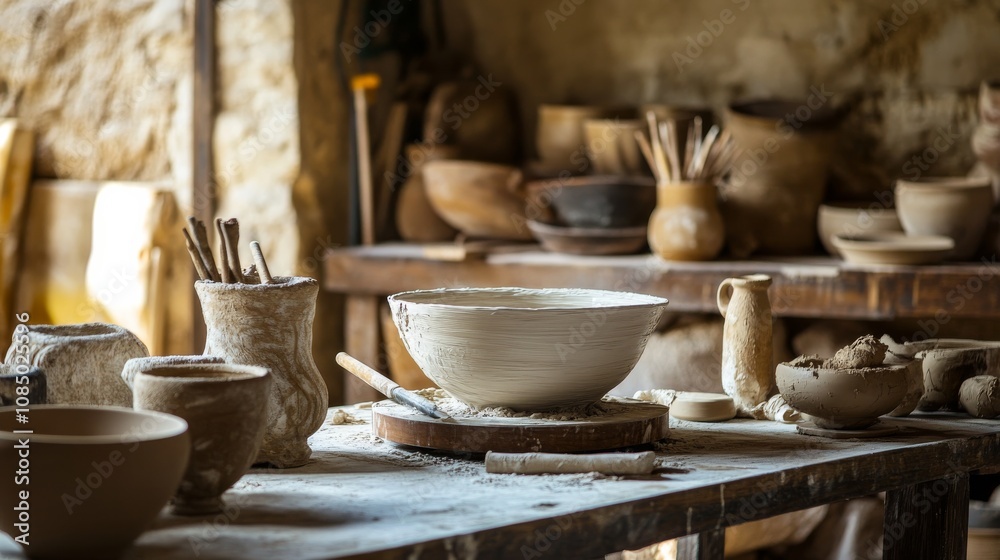 Poster a serene pottery wheel setup in a rustic barn, pottery tools and clay neatly arranged around a potte