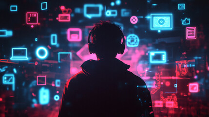 Silhouette of a gamer surrounded by digital graphics and game elements