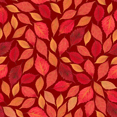 Autumn seamless pattern of real dry leaves. Texture of orange and red fall leaves on dark red background.