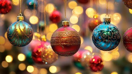 Fototapeta premium 62.Several brightly colored Christmas balls hang gracefully, adorned with intricate patterns and glittering textures. The background is blurred with soft, glowing lights in shades of gold and red,