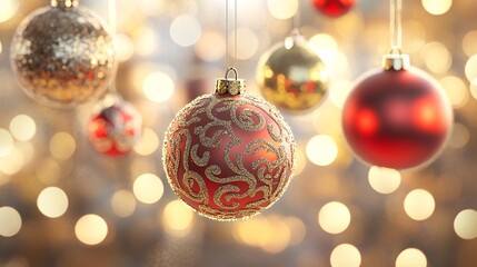 Obraz premium 62.Several brightly colored Christmas balls hang gracefully, adorned with intricate patterns and glittering textures. The background is blurred with soft, glowing lights in shades of gold and red,