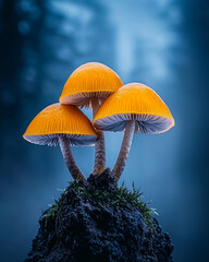 Fototapeta premium Vibrant orange mushrooms glow on ancient ruins in mystical twilight forest
