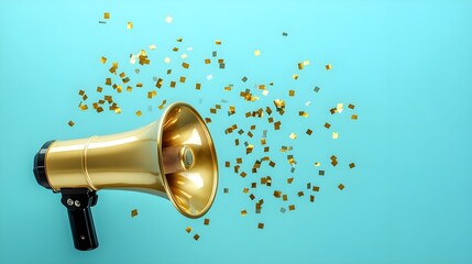 Vibrant Golden Megaphone Surrounded by Flying Confetti Against a Bright Blue Background, Perfect for Celebratory Promotions and Announcements