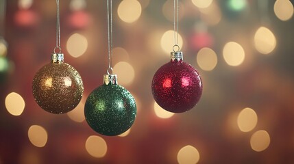 Obraz premium 61.A collection of shimmering Christmas balls in vibrant red, gold, and green, hanging delicately from silver threads. The out-of-focus background features soft bokeh lights in warm tones, creating a