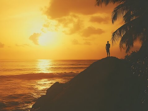 Silhouetted Figure Overlooking Dramatic Tropical Sunset at Peaceful Beach Coastline
