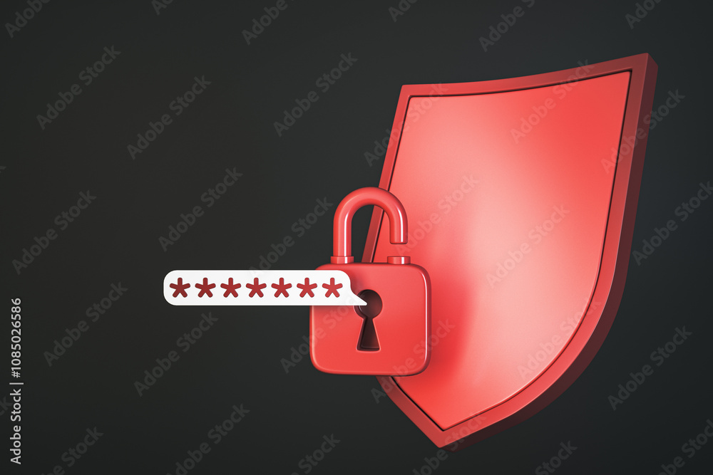 Aufkleber Lock and shield with password protection concept on dark background, symbolizing cybersecurity and data safety. 3D Rendering