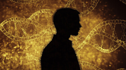 Obraz premium Silhouette of a scientist with DNA strands and digital patterns in the background