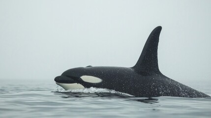 Naklejka premium Orca swimming gracefully in calm waters under a misty sky at dawn near the coastal shoreline