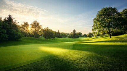A serene scene featuring a tranquil golf course, Lush green fairways meticulously groomed, Classic photographic style