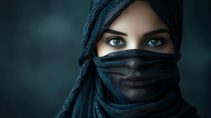 Naklejka premium A close-up portrait of a woman wearing a black hijab, showcasing her striking green eyes against a dark background.