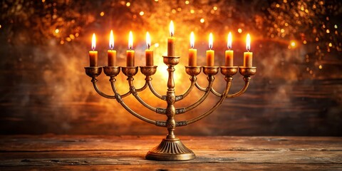 Eight Lit Candles in a Menorah with Warm Glow, Symbolizing Celebration, Heritage, and Unity in a Beautifully Designed Setting for Holiday and Cultural Observance