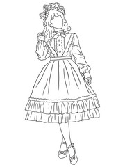 Classic black-and-white artwork depicting a young woman in vintage clothing. A nostalgic, retro-style illustration, ideal for historical, fashion, or artistic themes.