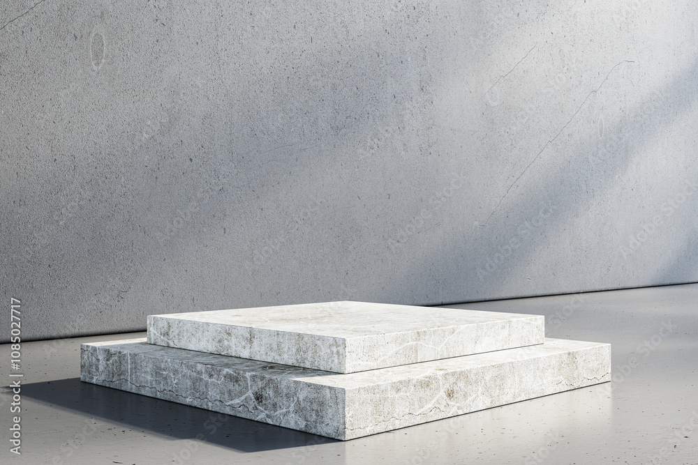 Poster Empty podium scene with layered concrete blocks in a modern minimalist room. 3D Rendering