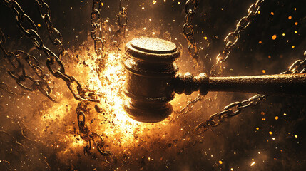 Gavel smashing through a barrier wall made of chains, symbolizing breaking through injustice and enforcing the law