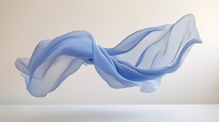 5.A floating piece of blue fabric forms organic curves as it hovers above a neutral backdrop. The materialâ€™s smooth surface reflects soft lighting, creating subtle highlights and shadows that
