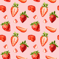 Seamless pattern with bright berries and strawberry slices. Sweet healthy dessert, cooking ingredients. Decorations for a festive table, a summer party. Hand-drawn illustrations, background