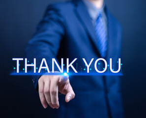 Businessman using laptop and showing thank you message. Concept of congratulation, appreciation, presentation from digital technology. Thank you in business and gratitude.