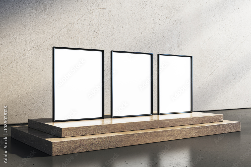Poster modern wooden podium with three blank frames on display against a concrete wall. 3d rendering