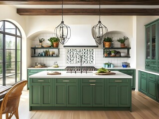 Elegant Green Cabinets Enhance Modern Kitchen Design with Natural Light and Timeless Accents for a Captivating Culinary Space