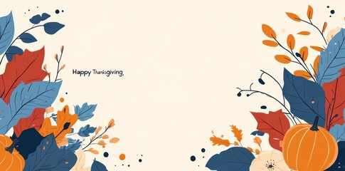 Fototapeta premium Thanksgiving greeting card with cartoon pumpkins and autumn leaves