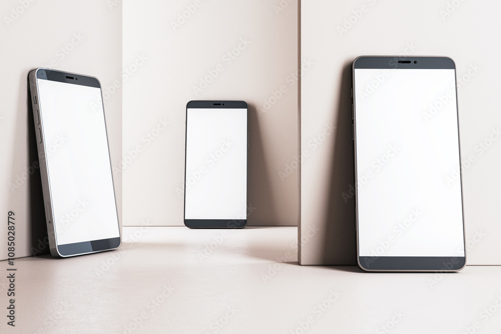 Poster modern smartphones with blank screens arranged against beige walls in a minimalistic setting. 3d ren