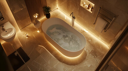 Modern Bathroom Interior Design with Bathtub, Marble Floor, and LED Lights - 3D Illustration