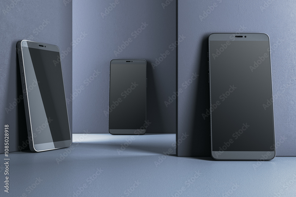 Aufkleber Three modern smartphones with blank screens displayed on angled surfaces in a minimalist design setting. 3D Rendering