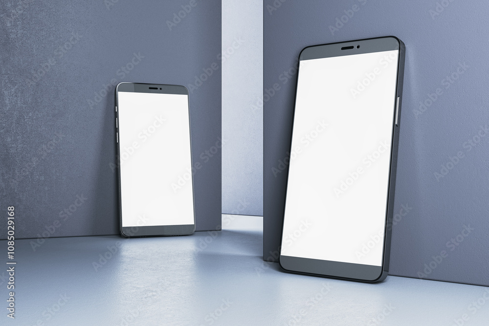 Poster Two modern smartphones with blank screens leaning against a wall. Digital device mockup concept. Minimalistic design. 3D Rendering