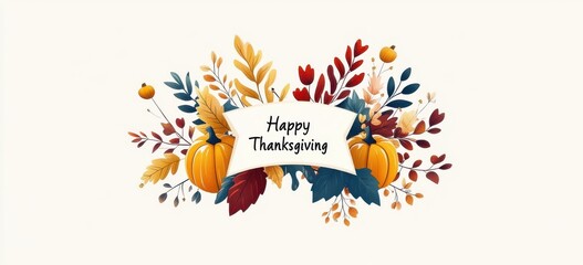 Elegantly designed Happy Thanksgiving text with autumn leaves