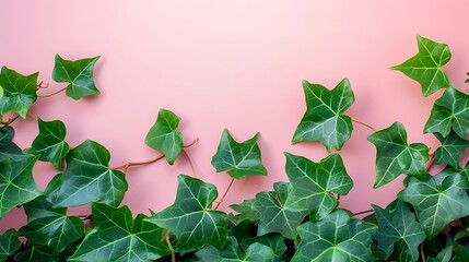 A close-up of green ivy leaves against a soft pink background, creating a fresh and vibrant aesthetic.