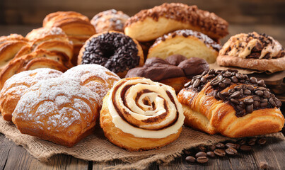 Fototapeta premium Delicious pastries and coffee beans arranged on rustic surface tempting display of sweet treats
