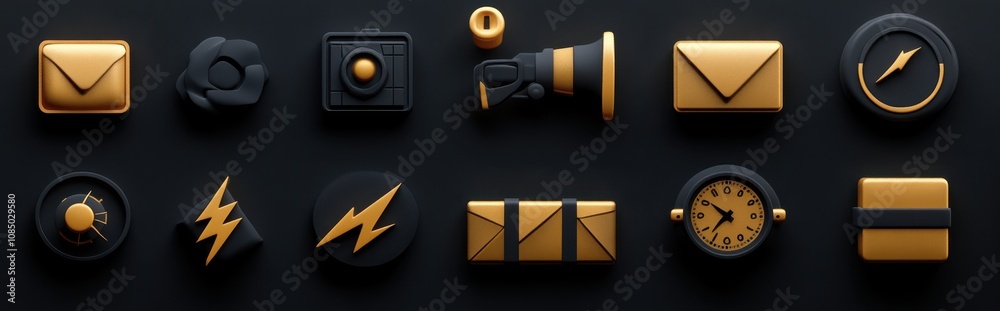 Wall mural set of sleek black and gold icons for web and app design