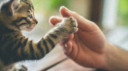 Close-up of a veterinarian examining a kitten's paw with gentle care and precision. Animal care, veterinary services, pet health,trust,responsible pet ownership, preventative healthcare,animal welfare