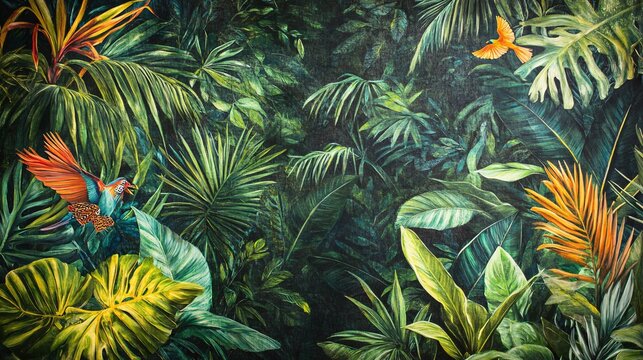 13.A mural-style jungle scene featuring sprawling leaves of various tropical plants, highlighted by bright bursts of color from exotic birds. The backdrop is dense with layered foliage, while the