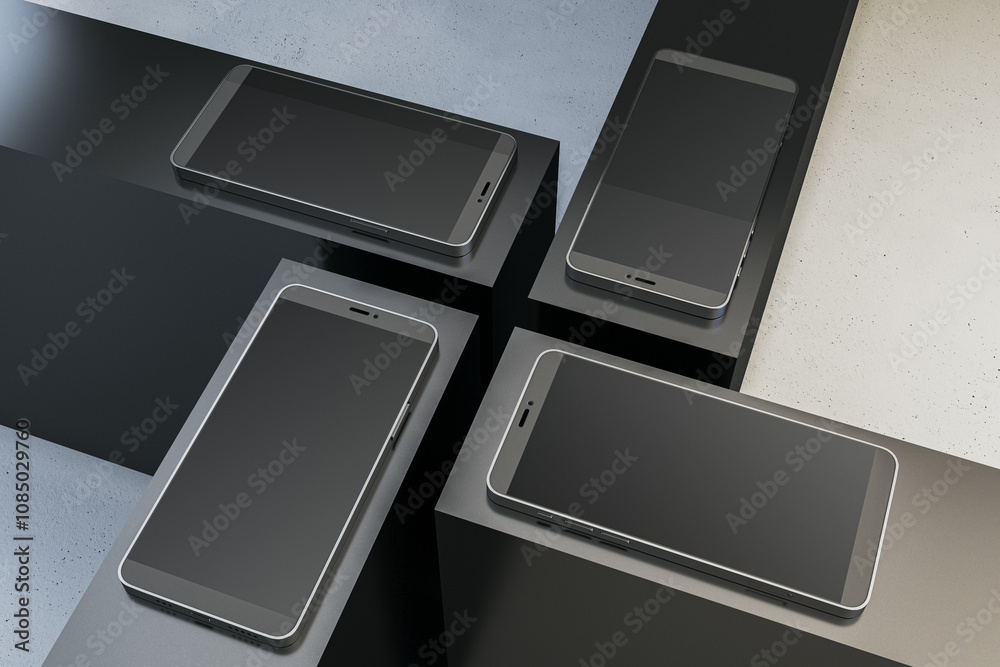 Poster modern smartphones with blank screens placed on black geometric platforms. minimalist presentation c